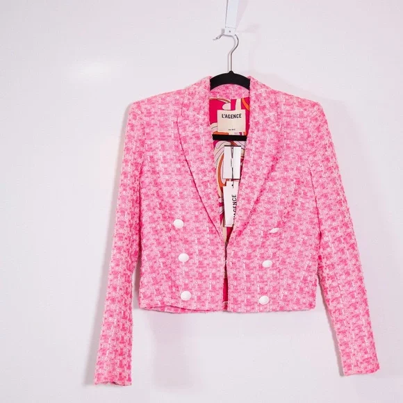 NEW L'Agence Inez Cropped Open Front Tweed Boucle Jacket Bblazer Hot Pink 2 - Picture 1 of 4